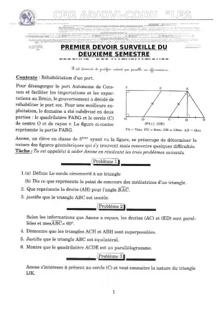 Première page de Mathématiques 5e — 1er devoir surveillé, 2e semestre (2019-2020) · CEG ADJOVICODJI 'LES OLIVIERS'