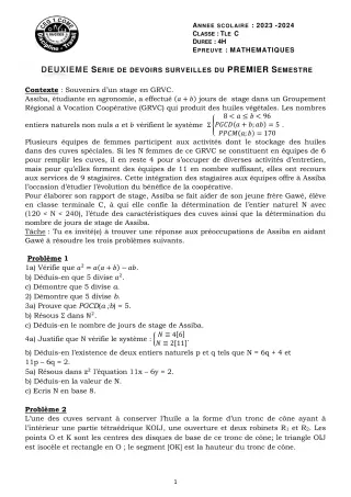 Première page de Mathématiques Tle C — Devoir surveillé (2023-2024) · CEG 1 Comè