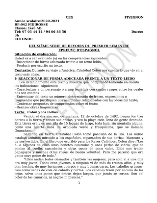 Première page de Espagnol 1ère A2, 1ère B — 2e devoir surveillé, 1er semestre (2020-2021) · CEG FIYEGNON