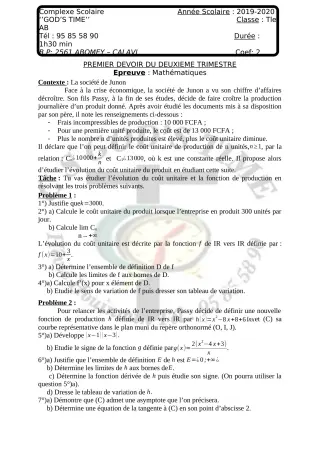 Première page de Mathématiques 1ère A2, 1ère B — 1er devoir surveillé, 2e trimestre (2019-2020) · CPEG GOD'S TIME