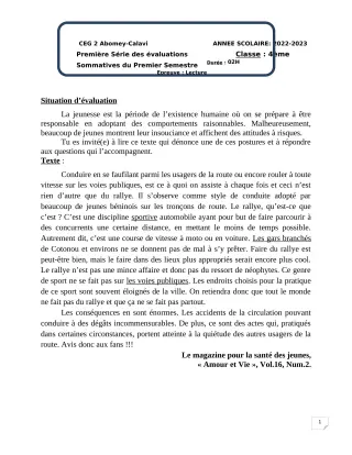Première page de Français 4e — 1re évaluation sommative, 1er semestre (2022-2023) · CEG2 ABOMEY - CALAVI (CEG ZOCA)