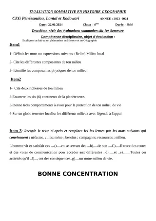Première page de Histoire-Géographie 6e, 5e, 4e, 3e — Évaluation sommative, 1er semestre (2023-2024) · CEG PENESSOULOU