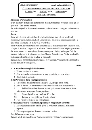 Première page de Français 6e — 2e devoir surveillé, 2e semestre (2018-2019) · CEG SONNOUMON