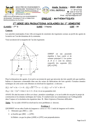 Première page de Mathématiques 1ère D — 1re production scolaire, 1er semestre (2022-2023) · CEG1 Ikpinlè