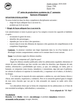 Première page de Espagnol 4e ML, 3e ML — 1re production scolaire, 1er semestre (2019-2020) · CEG II EKPE
