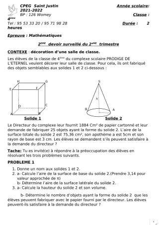 Première page de Mathématiques 4e — 2e devoir surveillé, 2e trimestre (2021-2022) · CPEG SAINT Justin