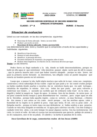 Première page de Espagnol 1ère A2 — 2e devoir surveillé, 2e semestre (2023-2024) · CEG SEKERE
