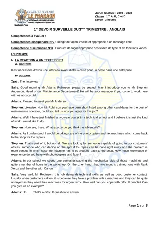 Première page de Anglais 1ère A, 1ère B, 1ère C, 1ère D — 1er devoir surveillé, 3e trimestre (2019-2020) · CPEG LE PHARAON