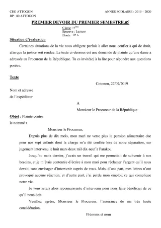 Première page de Français 5e — 1er devoir surveillé, 1er semestre (2019-2020) · CEG Attogon