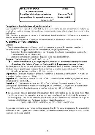 Première page de PCT Tle C — 1re évaluation sommative, 2e semestre (2022-2023) · CEG2 ABOMEY - CALAVI (CEG ZOCA)