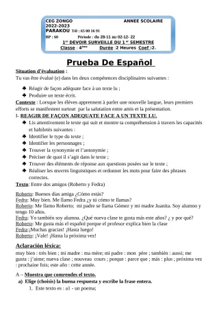 Première page de Espagnol 4e, 1ère A1, 1ère A2, Tle A1, Tle A2 — 1er devoir surveillé, 1er semestre (2022-2023) · CEG ZONGO