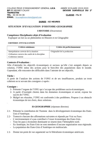 Première page de Histoire-Géographie Tle C, Tle D — Devoir surveillé, 1er trimestre (2019-2020) · CPEG LICA