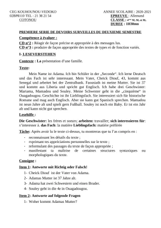 Première page de Allemand 4e — 1er devoir surveillé, 2e semestre (2020-2021) · CEG Kouhounou-Vêdoko