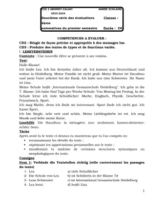 Première page de Allemand 4e — 2e évaluation sommative, 1er semestre (2023-2024) · CEG2 ABOMEY - CALAVI (CEG ZOCA)