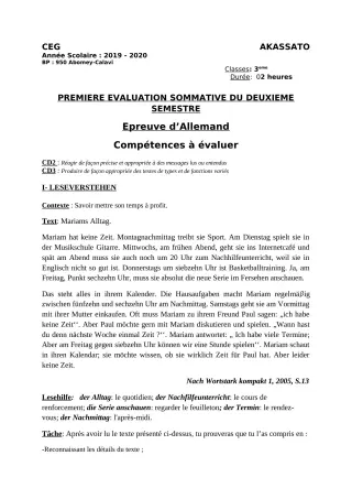Première page de Allemand 3e ML — 1re évaluation sommative, 2e semestre (2019-2020) · CEG Akassato