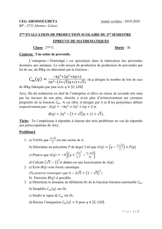 Première page de Mathématiques 2nde C — 2e production scolaire, 2e semestre (2019-2020) · CEG Ahossougbéta
