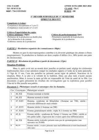 Première page de SVT Tle C — 1er devoir surveillé, 1er semestre (2023-2024) · CEG Yagbe