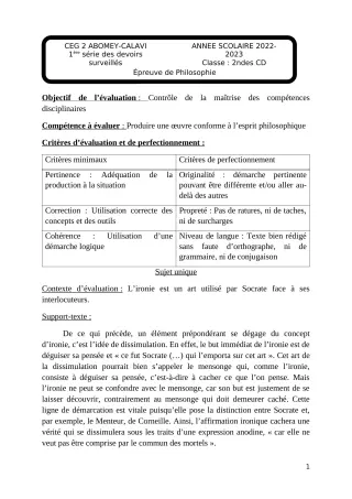 Première page de Philosophie 2nde C — 1er devoir surveillé, 1er semestre (2022-2023) · CEG2 ABOMEY - CALAVI (CEG ZOCA)