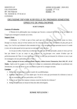 Première page de Philosophie 2nde C, 2nde D — 2e devoir surveillé, 1er semestre (2020-2021) · CEG FIYEGNON