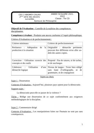 Première page de Philosophie Tle C — 2e devoir surveillé, 2e semestre (2021-2022) · CEG2 ABOMEY - CALAVI (CEG ZOCA)