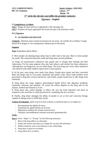 Première page de Anglais 3e, 3e ML — 1er devoir surveillé, 1er semestre (2020-2021) · CEG Lobozounkpa