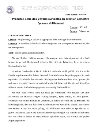 Première page de Allemand 1ère B — 1er devoir surveillé, 1er semestre (2019-2020) · CEG ADJOVICODJI 'LES OLIVIERS'