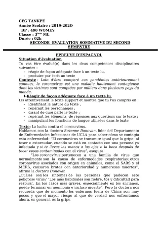 Première page de Espagnol 3e ML — 2e évaluation sommative, 2e semestre (2019-2020) · CEG Tankpè