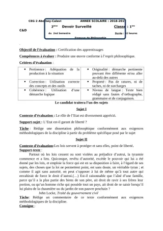 Première page de Philosophie 1ère C, 1ère D — Devoir surveillé, 2e semestre (2018-2019) · CEG2 ABOMEY - CALAVI (CEG ZOCA)