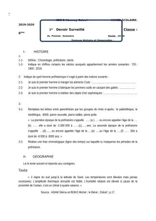 Première page de Histoire-Géographie 6e — Devoir surveillé, 1er semestre (2018-2019) · CEG2 ABOMEY - CALAVI (CEG ZOCA)
