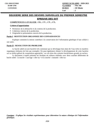 Première page de SVT Tle A1, Tle A2, Tle B — 2e devoir surveillé, 1er semestre (2020-2021) · CEG HOUEYIHO