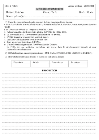 Première page de Histoire-Géographie Tle D — 1re interrogation (2020-2021) · CEG 2 Nikki