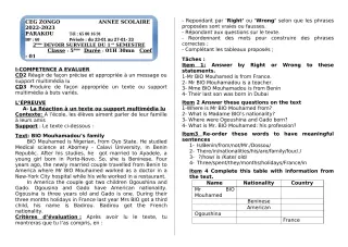 Première page de Anglais 5e — 2e devoir surveillé, 1er semestre (2022-2023) · CEG ZONGO