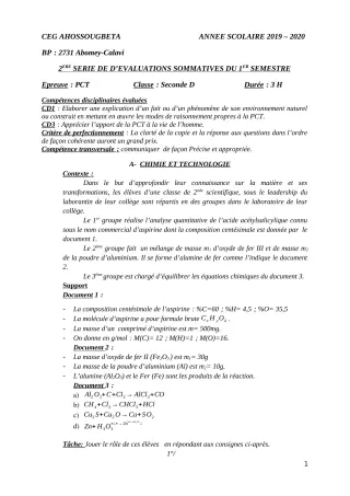 Première page de PCT 2nde D — Évaluation sommative, 1er semestre (2019-2020) · CEG Ahossougbéta