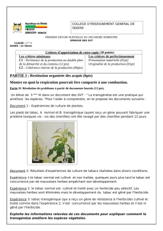 Première page de SVT 1ère A2 — 1er devoir surveillé, 2e semestre (2022-2023) · CEG SEKERE