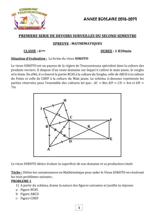 Première page de Mathématiques 6e, 5e, 4e, 4e ML, 3e, 3e ML — 1er devoir surveillé, 2e semestre (2018-2019) · CEG TAMPÈGRÉ