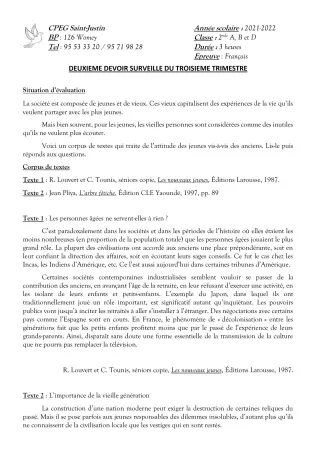 Première page de Français 2nde A2, 2nde B, 2nde C, 2nde D — 2e devoir surveillé, 3e trimestre (2021-2022) · CPEG SAINT Justin