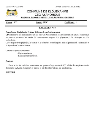 Première page de PCT 6e — 1er devoir surveillé, 1er semestre (2019-2020) · CEG AYAHOHOUE