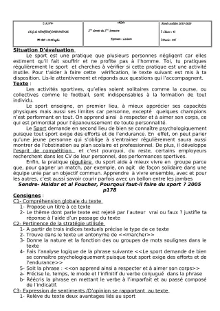 Première page de Français 4e ML&MC — 2e devoir surveillé, 2e semestre (2019-2020) · CEG Honton