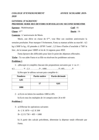 Première page de Mathématiques 6e, 5e, 4e — 1er devoir surveillé, 2e semestre (2019-2020) · CEG AGBANOU