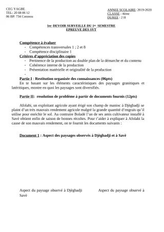 Première page de SVT 4e, 4e ML — 1er devoir surveillé, 1er semestre (2019-2020) · CEG Yagbe