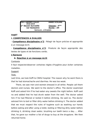 Première page de Anglais 4e, 4e ML — 1er devoir surveillé, 1er semestre (2018-2019) · CEG2 ABOMEY - CALAVI (CEG ZOCA)