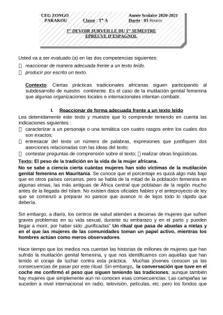 Première page de Espagnol Tle A1, Tle A2 — 1er devoir surveillé, 1er semestre (2020-2021) · CEG ZONGO