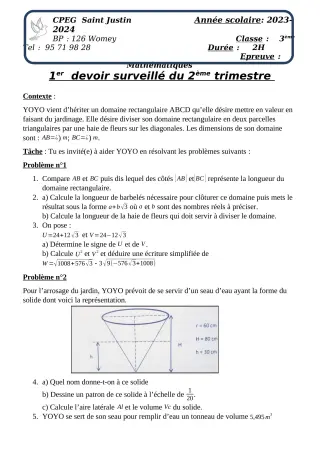 Première page de Mathématiques 3e — 1er devoir surveillé, 2e trimestre (2023-2024) · CPEG SAINT Justin