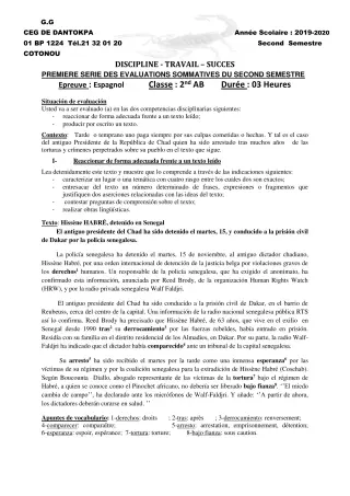 Première page de Espagnol 2nde A & B — 1re évaluation sommative, 2e semestre (2019-2020) · CEG Dantokpa