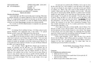 Première page de Français 3e, 3e ML — 2e devoir surveillé, 2e semestre (2018-2019) · CEG Banikanni