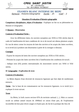 Première page de Devoir surveillé de HIST-GEO — 3e — CPEG SAINT Justin (2023)