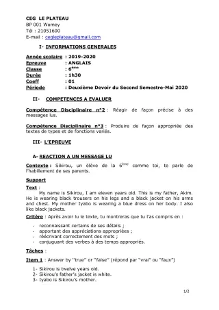 Première page de Anglais 6e — 2e devoir surveillé, 2e semestre (2019-2020) · CEG Le Plateau