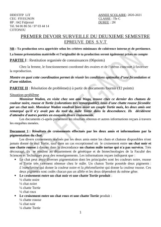 Première page de SVT Tle C — 1er devoir surveillé, 2e semestre (2020-2021) · CEG FIYEGNON