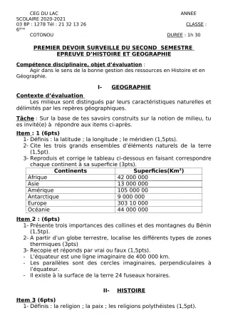 Première page de Histoire-Géographie 6e — 1er devoir surveillé, 2e semestre (2020-2021) · CEG du Lac