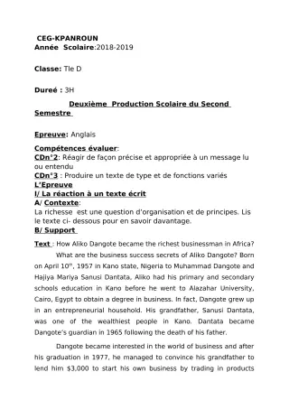 Première page de Anglais Tle D — 2e production scolaire, 2e semestre (2018-2019) · CEG Kpanroun